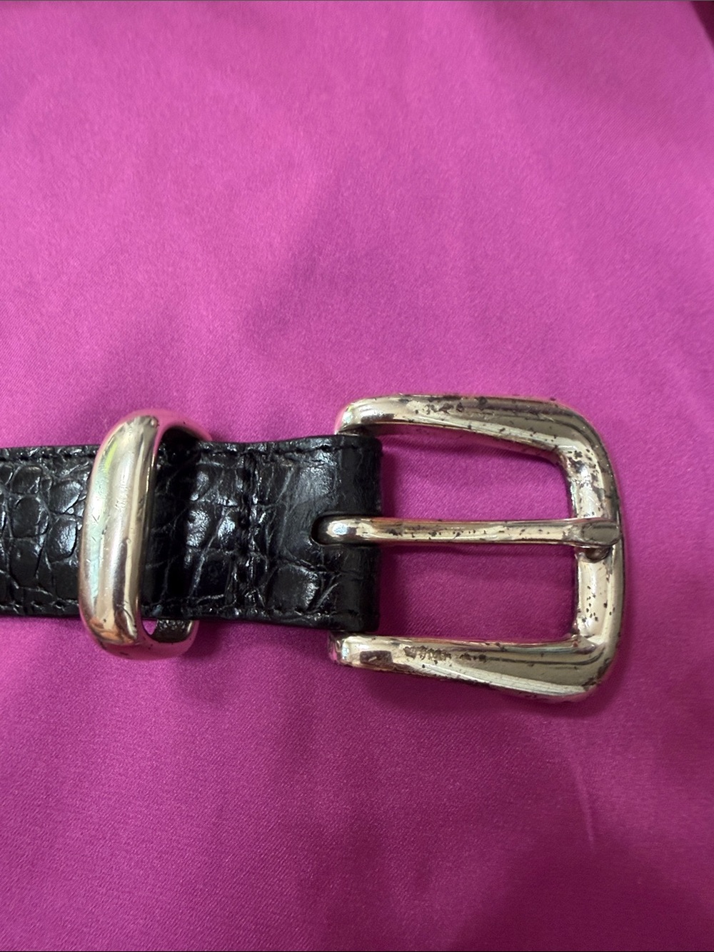 Orvis weathered look Black Croc-Embossed Leather Belt with Silver-Tone Buckle